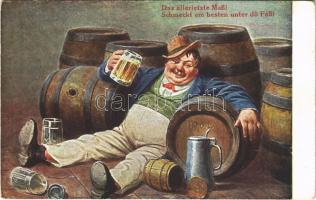 Das allerletzte Maßl, Schmeckt am besten unter dö Faßl / German drunk man humour art postcard, beer (fl)