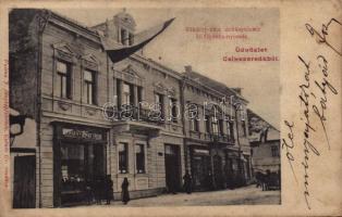 1907 Csíkszereda, Miercurea Ciuc; Rákóczy utca, dohánytőzsde, Gyönös nyomda és kiadása. Valina J. fényképfelvétele / street, tobacco shop and printing shop (EK)