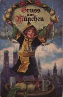 München, Munich; Schöne Grüße vom Münchner Kindl! / Greetings! art postcard with beer and radish (EK)