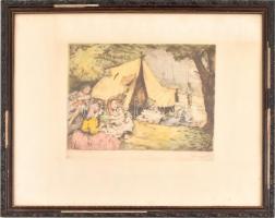 Kaveczky Zoltán-Péczely Antal: Cigány tábor. Színezett rézkarc, papír, jelzett, üvegezett keretben, 21×28 cm