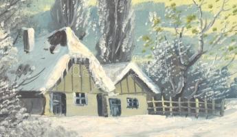 Olvashatatlan jelzéssel: Téli táj. Olaj, vászon, kartonra kasírozva, 24,5x32,5 cm