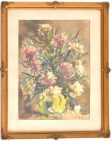 Sárközy Zoltán (1910-?): Virágok. Akvarell, papír, jelzett. Neobarokk stílusú üvegezett keretben, 32×22 cm