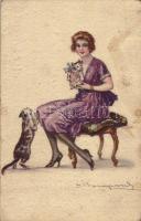 1923 Italian lady art postcard, lady with cats. 679-3. s: Bompard (fl)