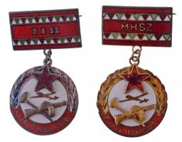 1957. Kiváló Munkáért MHSZ (Magyar Honvédelmi Szövetség) zománcozott, aranyozott és ezüstözött kitüntető jelvények (2xklf) mindkettő eredeti dobozában (43x31mm) T:1