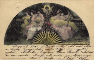 1901 Ladies in the garden. Lady art postcard. Art Nouveau folding fan style. Verlag Theod. Stroefer No. 11. s: Oskar Herrfurth (fl)