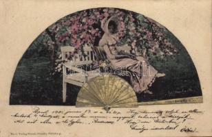 1901 Lady in the garden. Lady art postcard. Art Nouveau folding fan style. Verlag Theod. Stroefer No. 5. s: Oskar Herrfurth (fl)