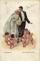 1922 Alle Engeln lachen / Romantic couple with angels, wedding art postcard. W.S.S.B. 6594. s: F. Kaskeline (EK)