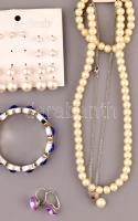 Vegyes bizsu tétel: gyöngy nyaklánc fülbevalóval, különböző méretű gyöngy fülbevalók, nyaklánc, kark...