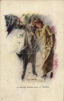 It never rains but it pours. Romantic couple, lady art postcard. Courtship Days Series 952. s: Will Grefe (EK)