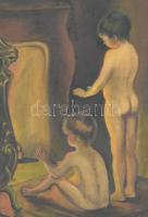 Olvashatatlan jelzésel (... Ilona?): Kisfiúk a kandalló előtt. Dekoratív, kissé kopott képkeretben. ...