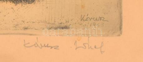 Kórusz József (1927-2010): Déligyümölcsök. Rézkarc, papír, jelzett, üvegezett fa keretben, 29×39 cm