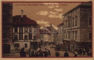 Selmecbánya, Schemnitz, Banská Stiavnica; Kossuth tér, Deák Ferenc utca, Herczog M. üzlete / square, street, shops