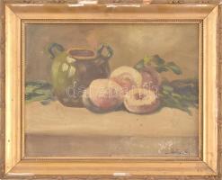 Olvashatatlan jelzéssel: Csendélet gyümölcsökkel. Olaj, karton. Régi, díszes, sérült fa keretben, 19×24 cm