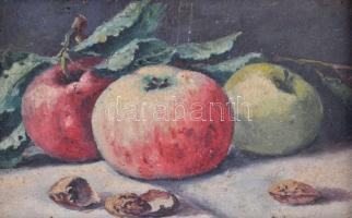 Jelzés nélkül: Csendélet almákkal. Olaj, karton. Régi, díszes, fa keretben, 10×14 cm