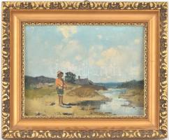 Olvashatatlan jelzéssel: Pecázó kisfiú. Olaj, vászon, díszes fa keretben, 30×40 cm