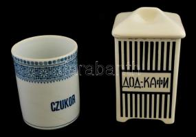 Porcelán és fajansz kávé- és cukortartó, 2 db, kopásnyomokkal, lepattanásokkal, cukortartó tető nélkül, m: 13,5 és 16 cm