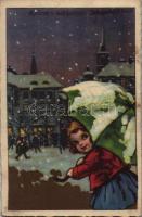 1928 Kellemes Karácsonyi Ünnepeket! / Christmas greeting card, winter s: Castelli (fl)