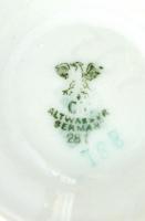 4 db levélmintás német porcelán teás csésze és alj, matricás, jelzett, kis kopásnyomokkal