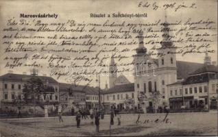 1906 Marosvásárhely, Targu Mures; Széchenyi tér, templom, Lukács János, Benkő Elek, Csiky Emil, O. Miklós, Kondray Márton üzlete, Önkéntes Tűzoltó Egylet  / square, church, shops, Volunteer Firefighters Association (EB)