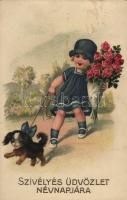 1928 Szívélyes üdvözlet névnapjára / Name Day greeting card, girl with dog. litho (fl)