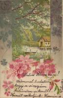 1904 Art Nouveau romantic floral litho greeting card (EK)