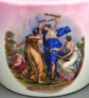 Zsolnay mitológiai jelenetekkel díszített porcelán teás készlet, jelzett, matricás, két tányér hiány...