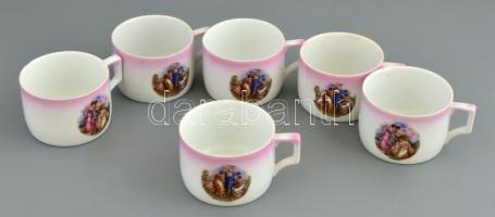 Zsolnay mitológiai jelenetekkel díszített porcelán teás készlet, jelzett, matricás, két tányér hiány...