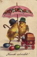 1929 Húsvéti üdvözlet! / Easter greeting card with chicken and eggs (fl)