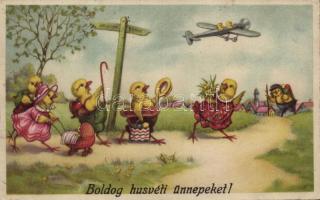 1949 Boldog Húsvéti Ünnepeket! / Easter greeting card with chicken, airplane and eggs (fl)