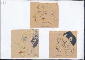 Jelzés nélkül: 3 db színész karikatúra az 1950-es évekből. Vegyes technika, papír. kb 10x10 cm
