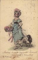 1902 Easter greeting art postcard, lady with sheep (fl)