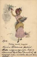 1902 Boldog Húsvéti Ünnepeket! / Easter greeting art postcard, lady with rabbit (fl)
