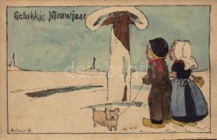 1922 Gelukkig Nieuwjaar / Hand-drawn and painted New Year greeting art postcard, Dutch folklore s: Molnár K.