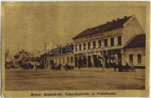 Monor, Kossuth tér, Takarékpénztár, postahivatal, Szemes Sándor és Szántó Adolf üzlete. Popper Ernő kiadása