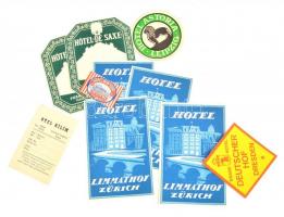Vegyes hotel címke tétel, 13 db,(8 db Hotel Limmathof (Zürich), 2 db Hotel de Saxe (Prague), Hotel Astoria (Leipzig), Hotel New York (Wien), Grand Hotel Deutscher Hof (Dresden), benne ismétlődésekkel is, 13x9 cm és 3,5x5,5 cm