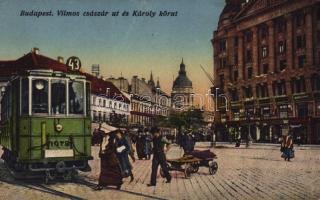 1916 Budapest VI. Vilmos Császár út (Bajcsy-Zsilinszky út), Károly körút, 43-as villamos, üzletek. Vasúti levelezőlapárusítás 1916. (EB)
