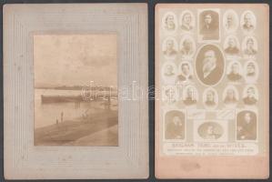 cca 1896-1910 Vegyes fotó tétel, 4 db: közte: Csoportkép szamaras kocsikkal (Bük, Zöhls Ernő am. phot.), Papierfabrik Neubruck (Theodor Mark), Brigham Young mormon vezető és feleségei (Salt Lake City, The Johnson & C.), azonosítatlan hajó fotója ismeretlen helyszínen, fotók karton, karonált fotók, közte kopott, foltos, 14x10 cm és 10x8 cm közötti méretben.