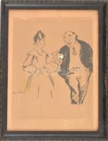 M. Vészi jelzéssel (Vészi Margit?): Karikatúra. Tus, papír, sérült, kartonra kasírozva. Üvegezett fa keretben, 27×20,5 cm