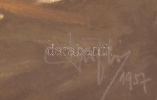 Olvashatalan jelzéssel: Átkelés a Dunakanyarban. Vegyes technika, papír. Üvegezett fa keretben, 17×2...