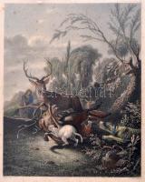 Carl Ruthart (1630-1703) - Alexander Carse (1770-1843): The Stag Hunt/Die Hirschjagd, színezett acélmetszet, üvegezett fa keretben, paszpartuban, metszet: 16,5x13 cm, keret: 27x20 cm