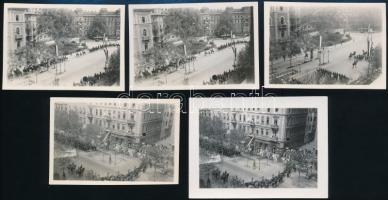 1929 Budapest, Hősök síremlékének leleplezése és vonulás az Andrássy úton, 5 db fotó, 4,5×6 és 5×6,5 cm + 1 db légi fotó Mátyásföldről, 6×8 cm