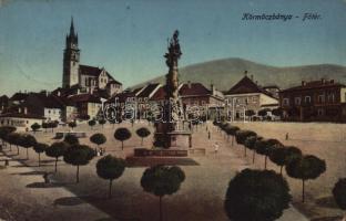 1914 Körmöcbánya, Kremnica; Fő tér, Szentháromság szobor, üzletek / main square, Trinity statue, shops (EB)