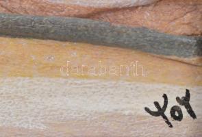 Plasztikus bőr fali kép, jelzett, fa keretben, 26,5×13,5 cm