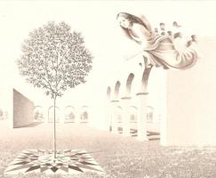 Artner Margit (1954-): Napóra. Rézkarc, papír, jelzett, számozott (86/100), hátoldalán Rézkarcoló Művészek Alkotóközössége bélyegzővel, lap bal szélén apró szakadásokkal, 24×29 cm