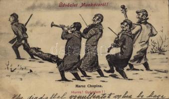 1910 Munkács, Mukacheve, Mukacevo; Üdvözlet! Marsz Chopina. Hurrá! Győzelem. Judaika / Jewish musicians, Judica art postcard. S:M.P. Kraków Deposé 1908. 28. (EB)