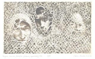 Sáros András Miklós (1945-): Pongrác, Szervác, Bonifác. Rézkarc, aquatinta, papír, jelzett és datált, számozott (6/20), lap széle apró gyűrődéssel, hátoldala kissé foltos, 19x32 cm