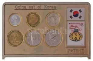Dél-Korea 1983-2005. 1W-500W (6xklf) szuvenír forgalmi szett aranyozott fém lemezen, bélyeggel, eredeti tokban T:1 South Korea 1983-2005. 1 Won - 500 Won (6xdiff) souvenir coin set gilt metal plate, with stamp, in original case C:UNC