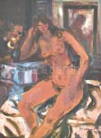 Göldner Tibor (1929-): Pihenő akt. Olaj, karton, jelzett, hátoldalán címkén feliratozott, fa keretben, 55×40 cm