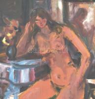 Göldner Tibor (1929-): Pihenő akt. Olaj, karton, jelzett, hátoldalán címkén feliratozott, fa keretbe...