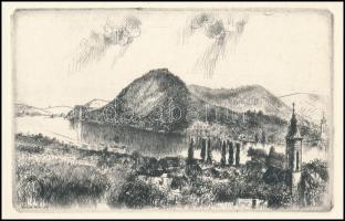 Varga Nándor Lajos (1895-1978): Dunakanyar. Rézkarc, papír, jelzett a karcon, 7,5×12 cm